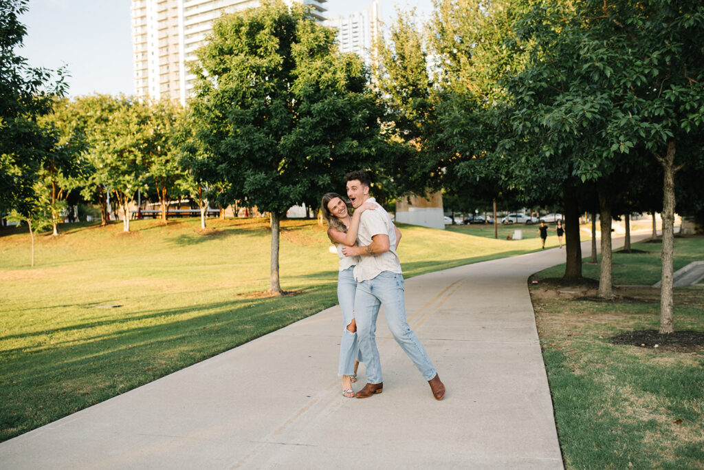 Candid and documentary engagement photo in seasholm district, top six engagement session location in austin texas.