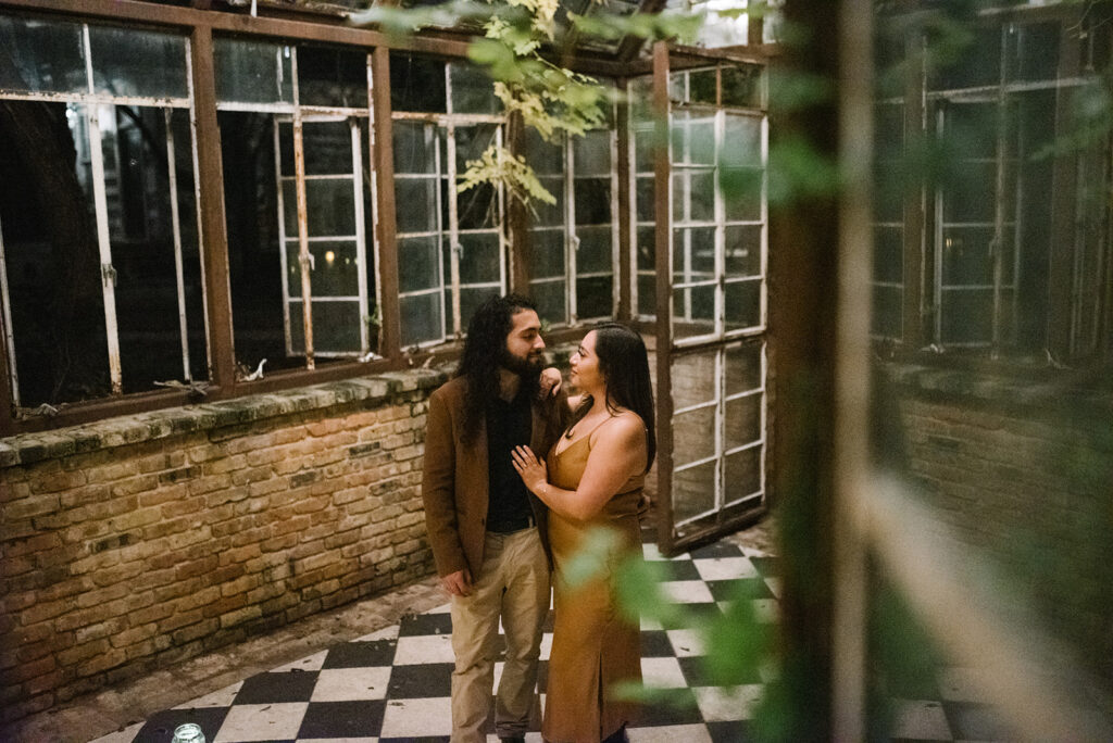 Candid, fun, documentary engagement photo at Serkit Theater, top six engagement session location in austin texas.