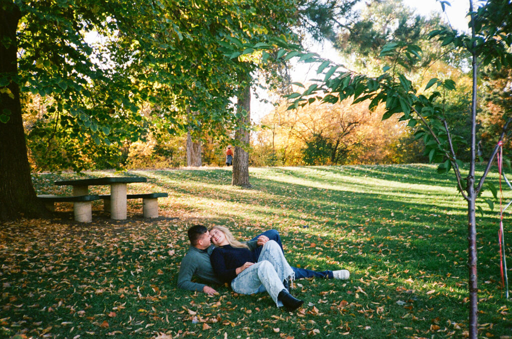 Colorado film engagement session - couple in natural setting with a vintage film aesthetic