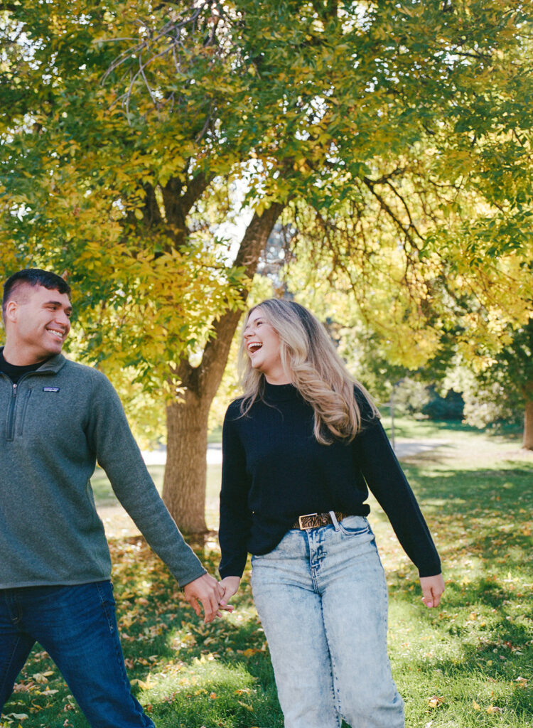 Colorado film engagement session - couple in natural setting with a vintage film aesthetic