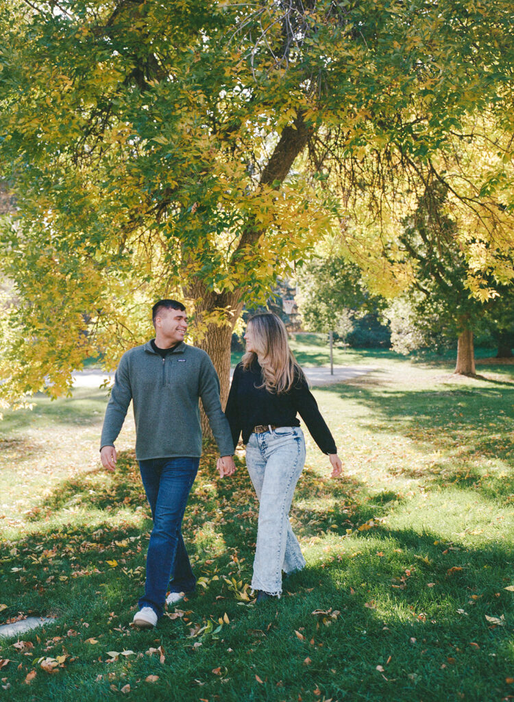 Colorado film engagement session - couple in natural setting with a vintage film aesthetic