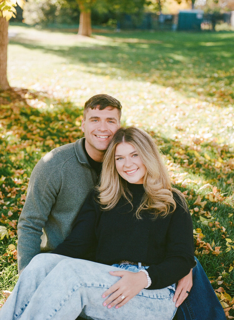 Colorado film engagement session - couple in natural setting with a vintage film aesthetic