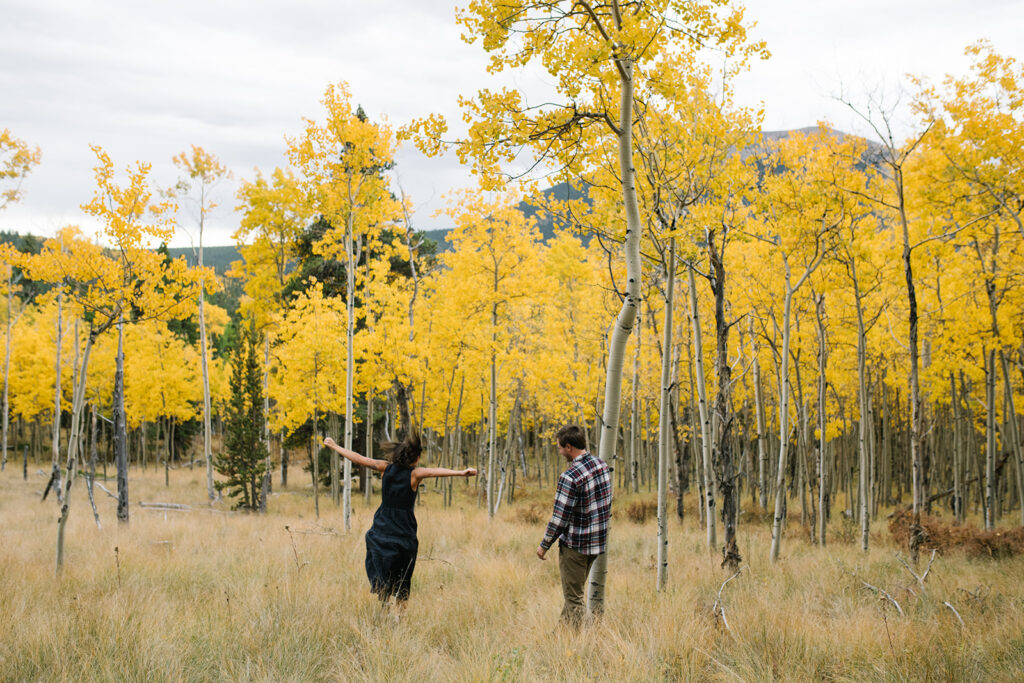 Romantic moment during a surprise proposal and engagement at Boreas Pass overlooking Breckenridg, Colorado.