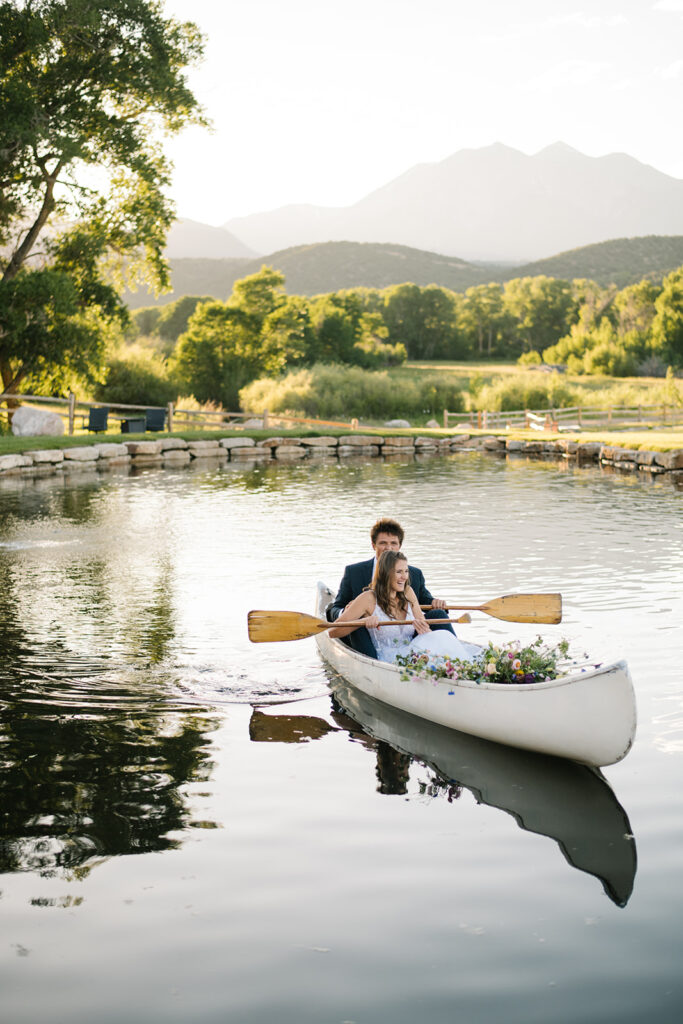 Wedding ceremony with mountain views at Shaw River Ranch wedding venue in Salida, Colorado, 