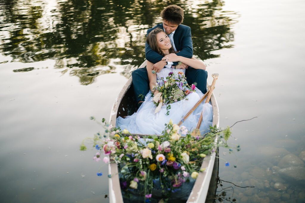 Wedding ceremony with mountain views at Shaw River Ranch wedding venue in Salida, Colorado, 