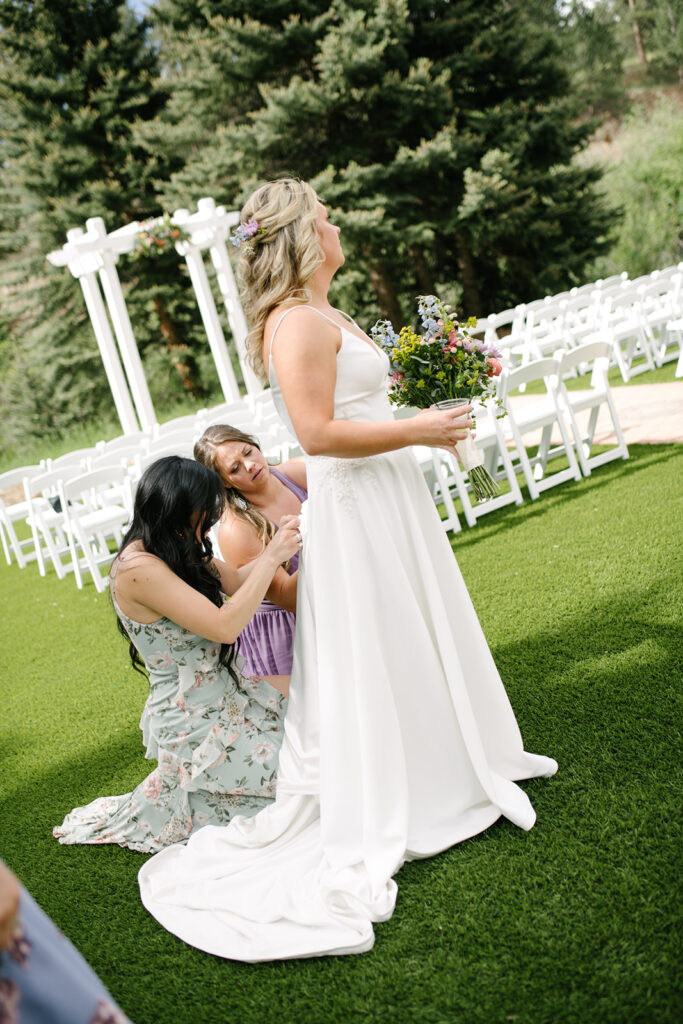 Bride and groom chatting with guests during cocktail hour at Wedgewood Mountain View Ranch wedding.