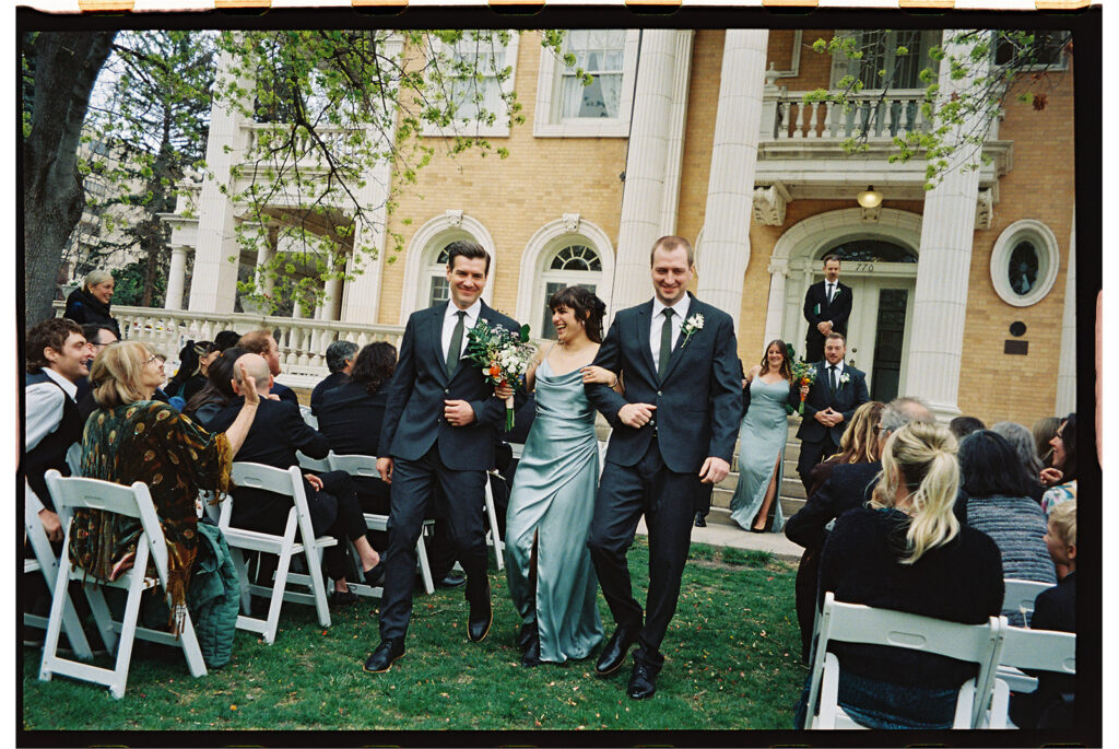 Intimate wedding ceremony outside Grant Humphreys Mansion venue
