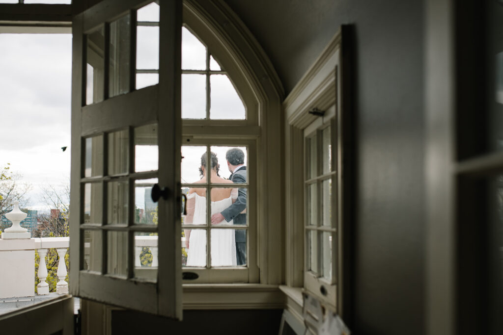 first look of a documentary style wedding at Grant Humphreys Mansion wedding 