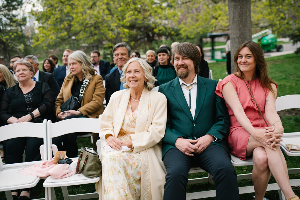 Intimate wedding ceremony outside Grant Humphreys Mansion venue
