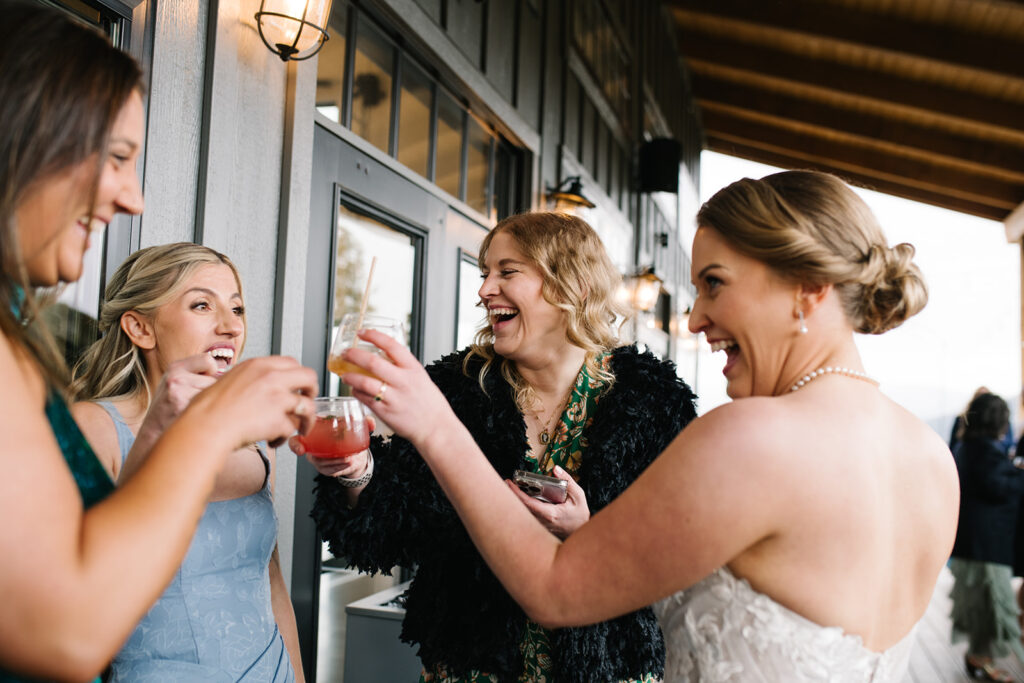Guests clinking glasses during North Star Gatherings wedding toast.