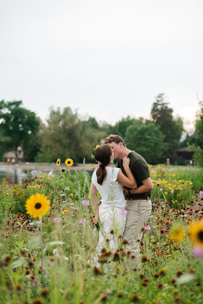 proposal by flowers and water at Washington park in denver colorado