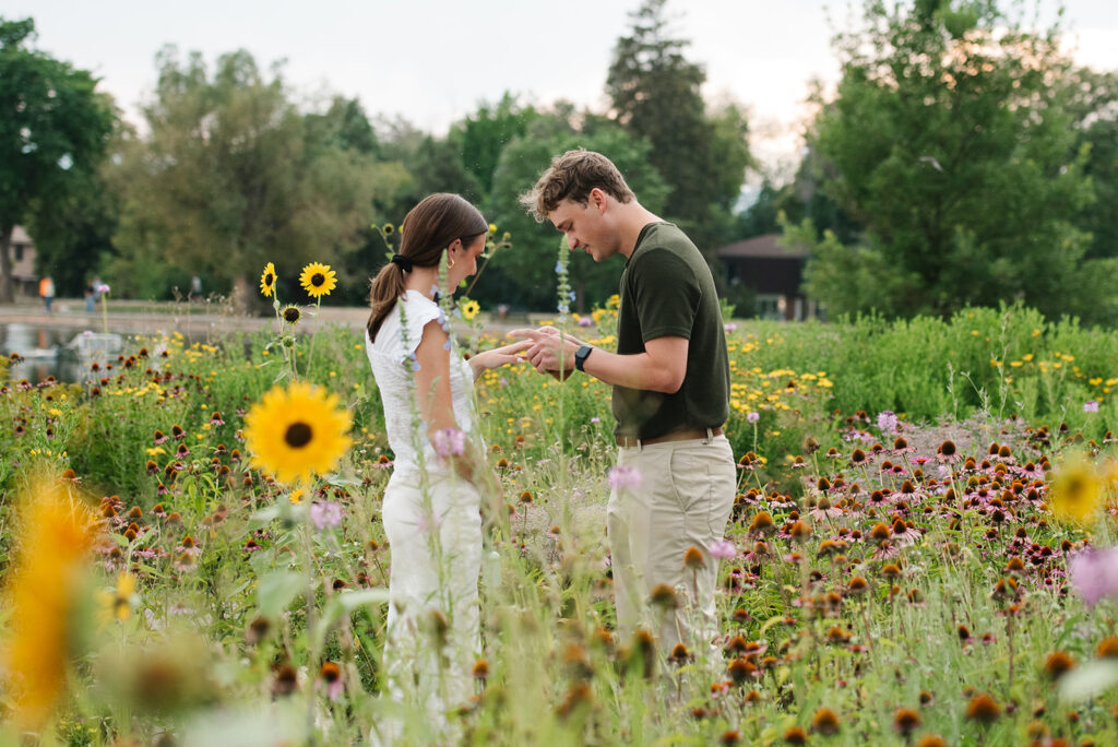 proposal by flowers and water at Washington park in denver colorado